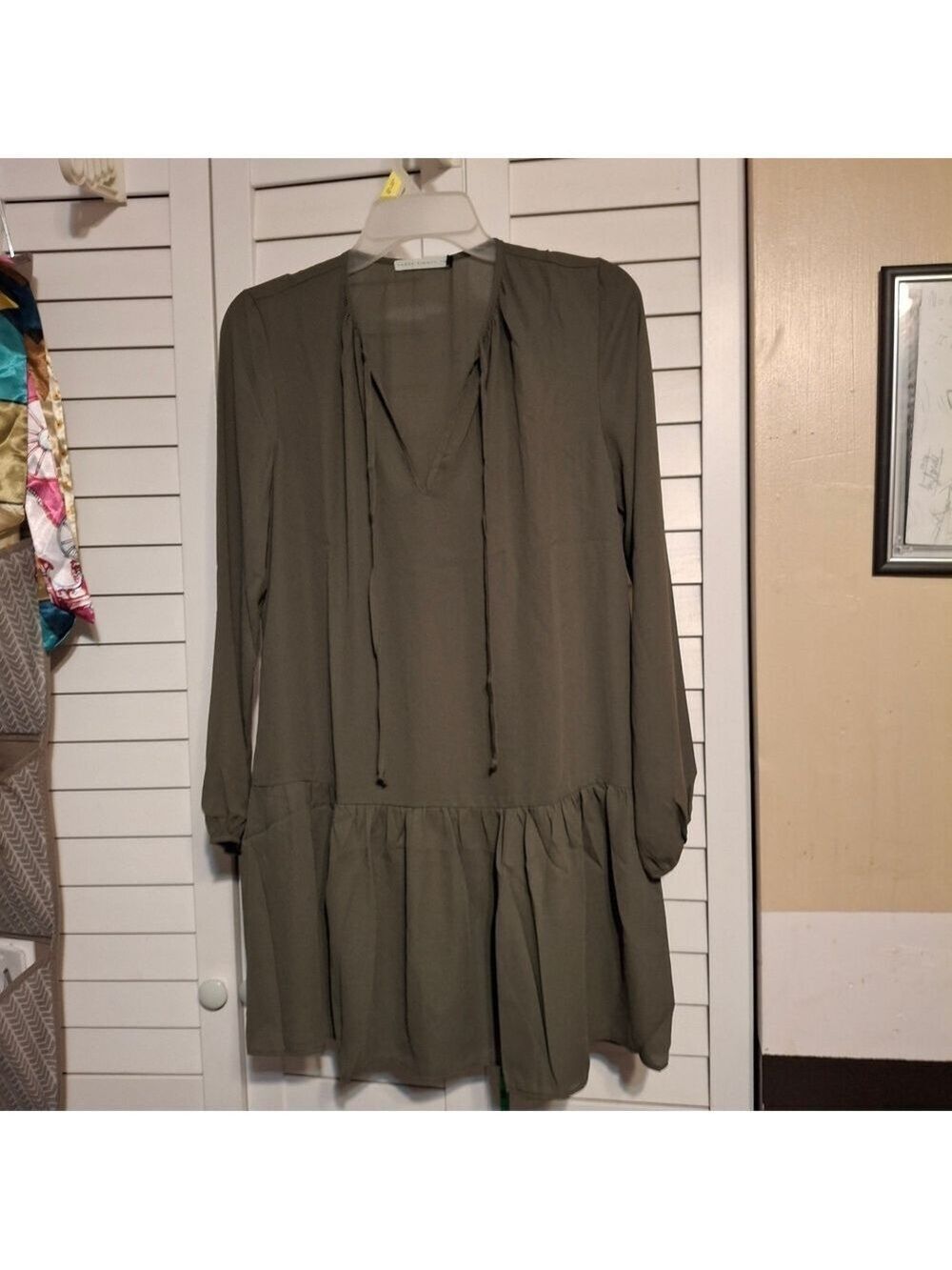 Three Eighty Two Green Plunge Neck Bishop Sleeve Sundress